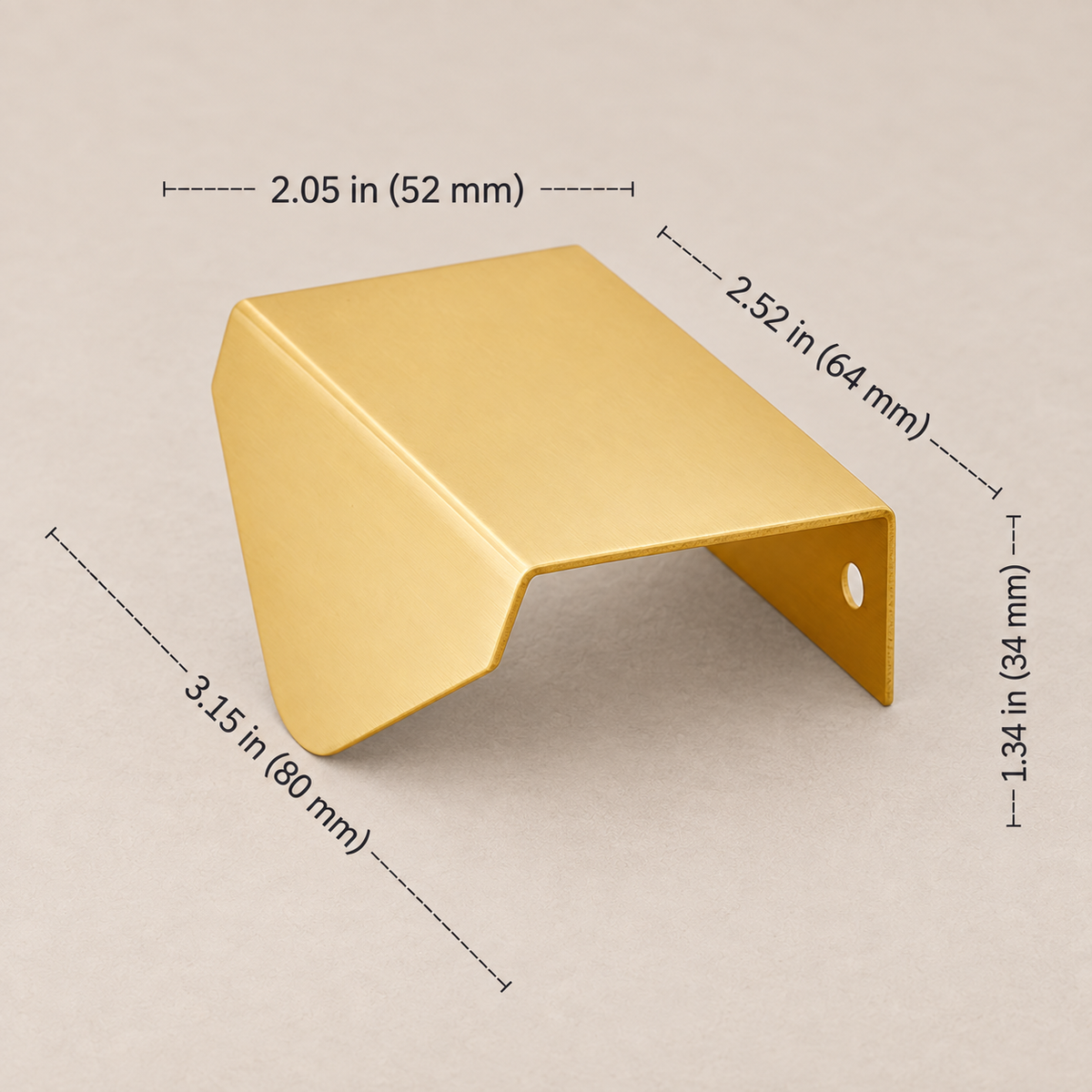 Beveled brass leaf edge pull, Style B, dimensions in inches and millimeters