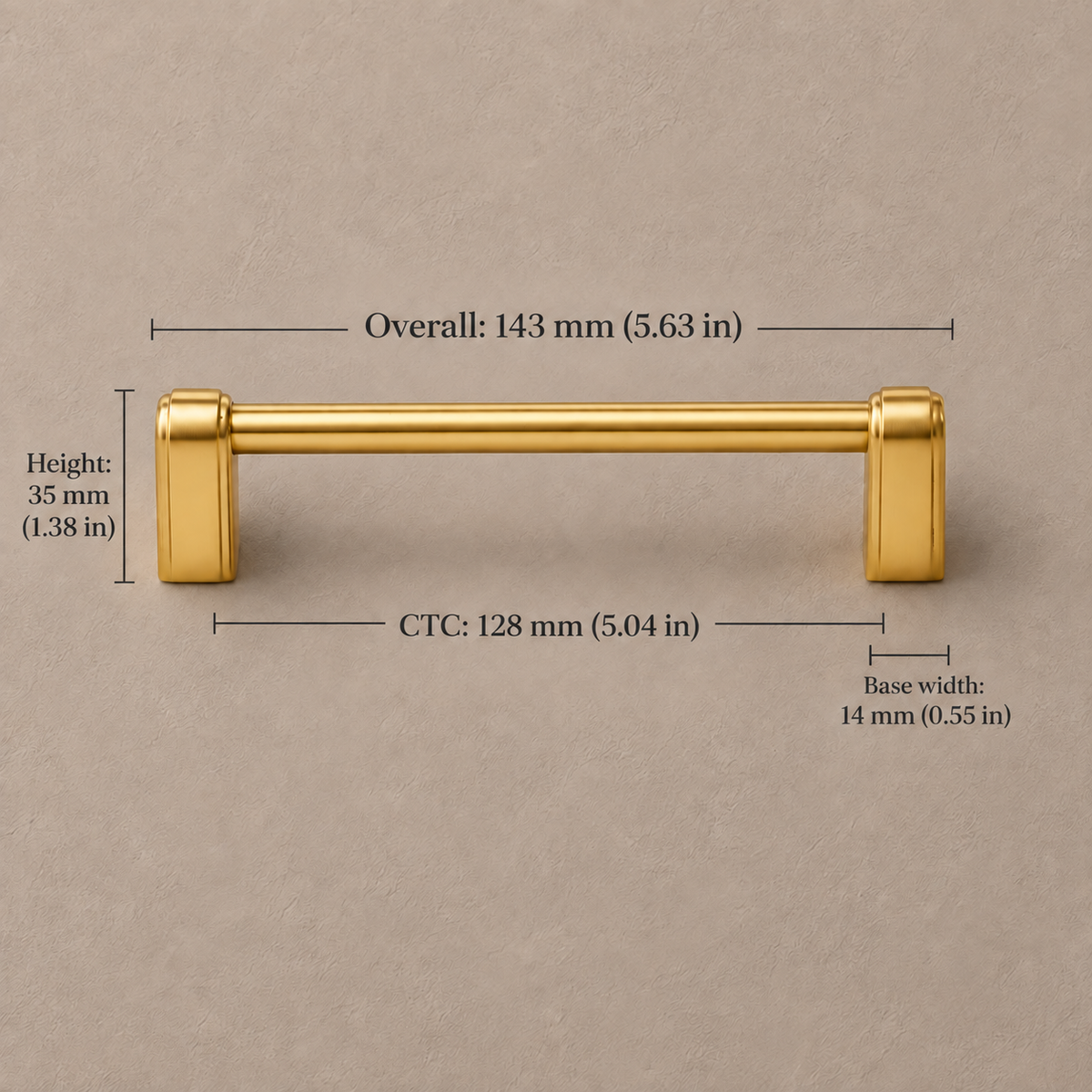Polished brass cabinet pull with 128 mm hole spacing and dimensions
