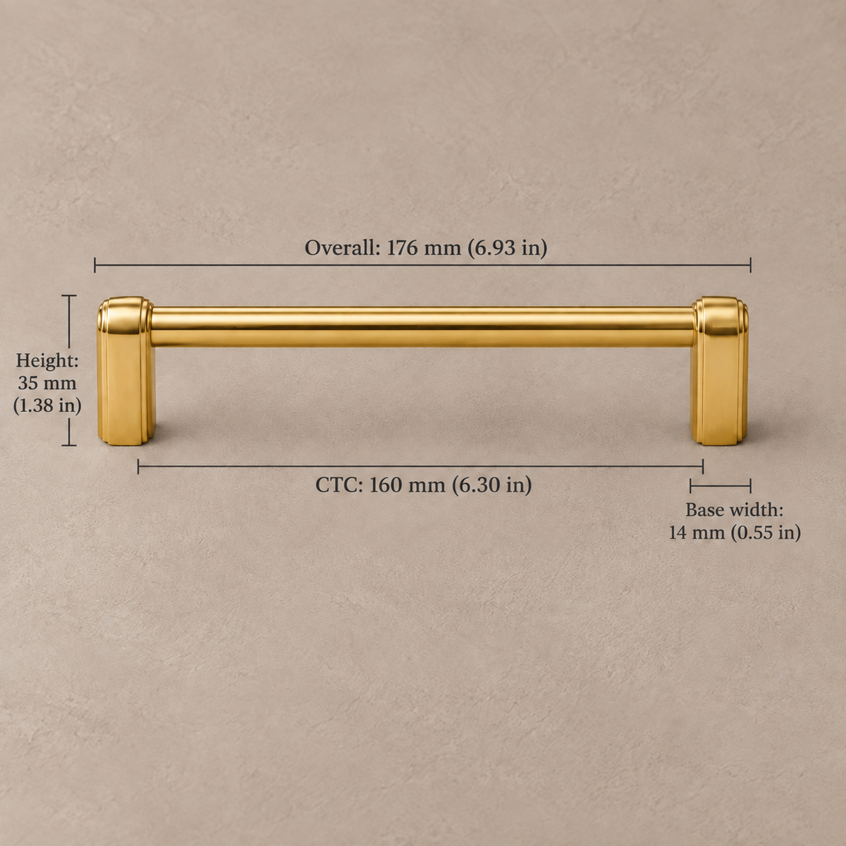 Polished brass cabinet pull with 160 mm hole spacing and dimensions