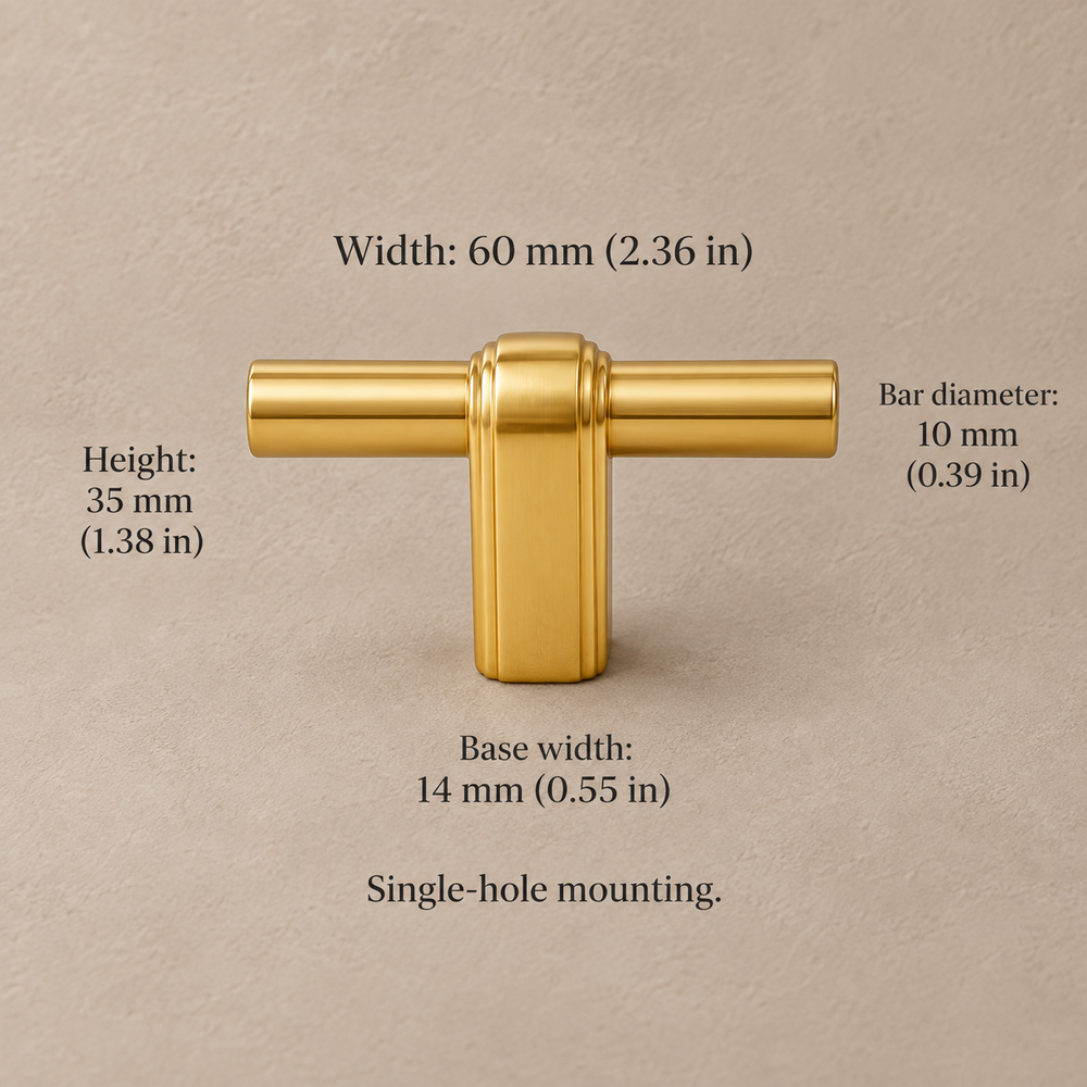 Polished brass 60 mm T-knob with dimensions
