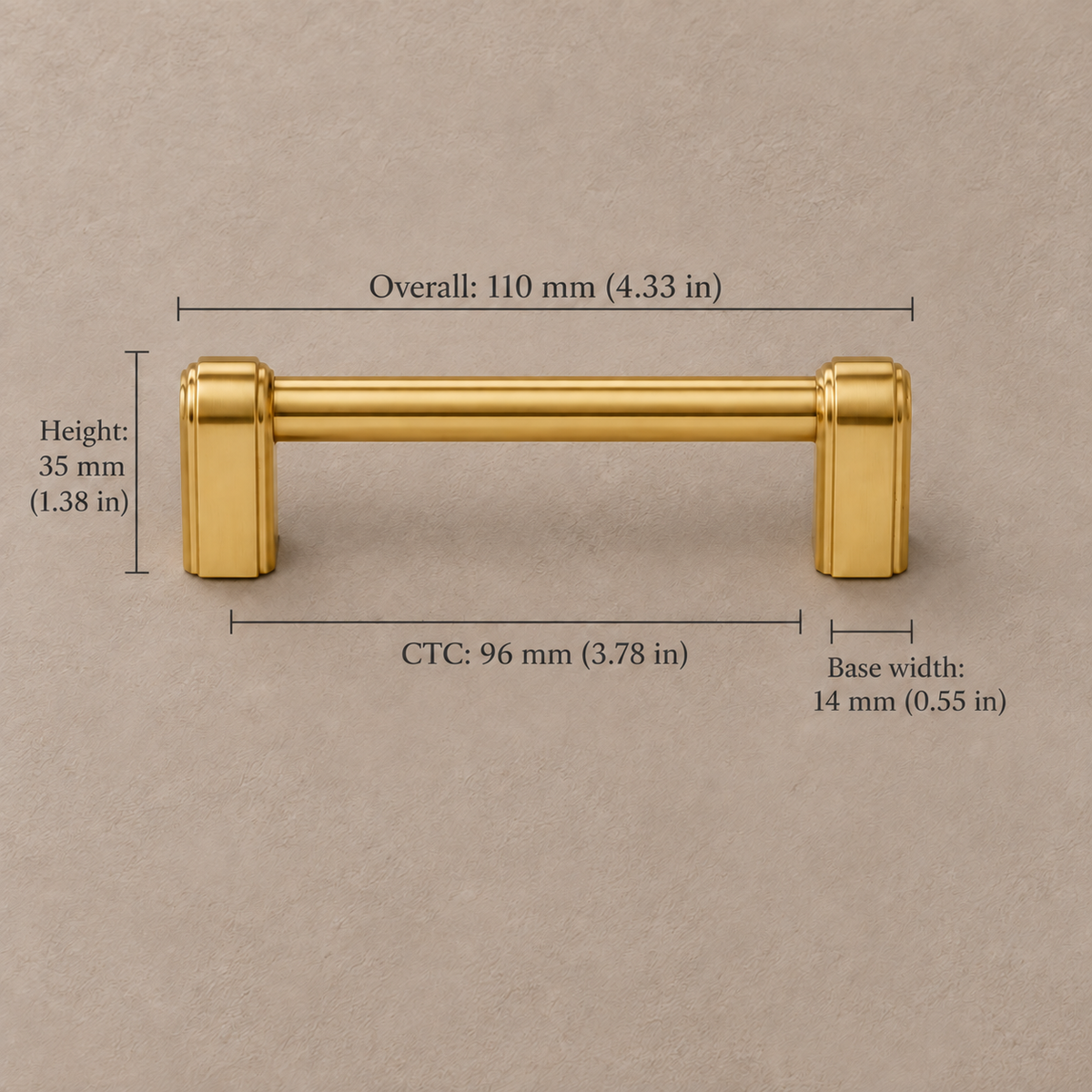 Polished brass cabinet pull with 96 mm hole spacing and dimensions