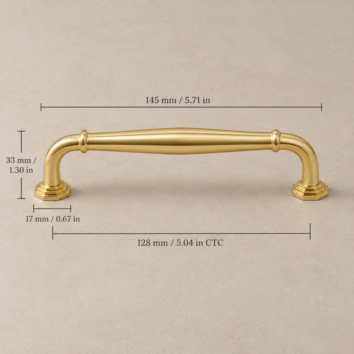 128 mm CTC polished brass pull dimensions in millimeters and inches