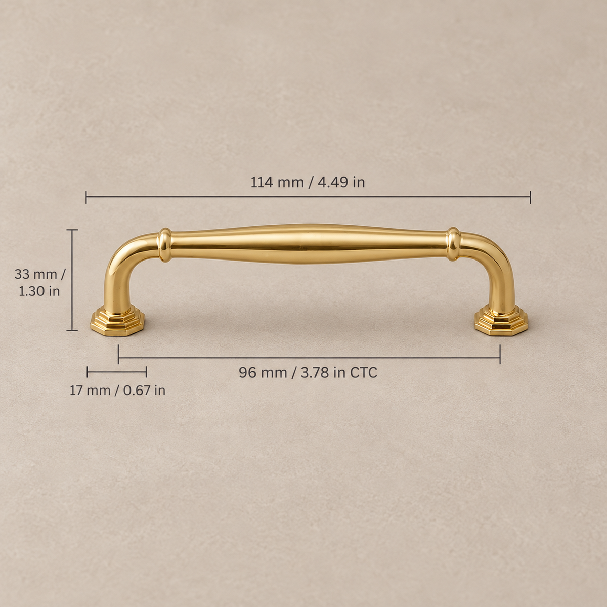 96 mm CTC polished brass pull dimensions in millimeters and inches