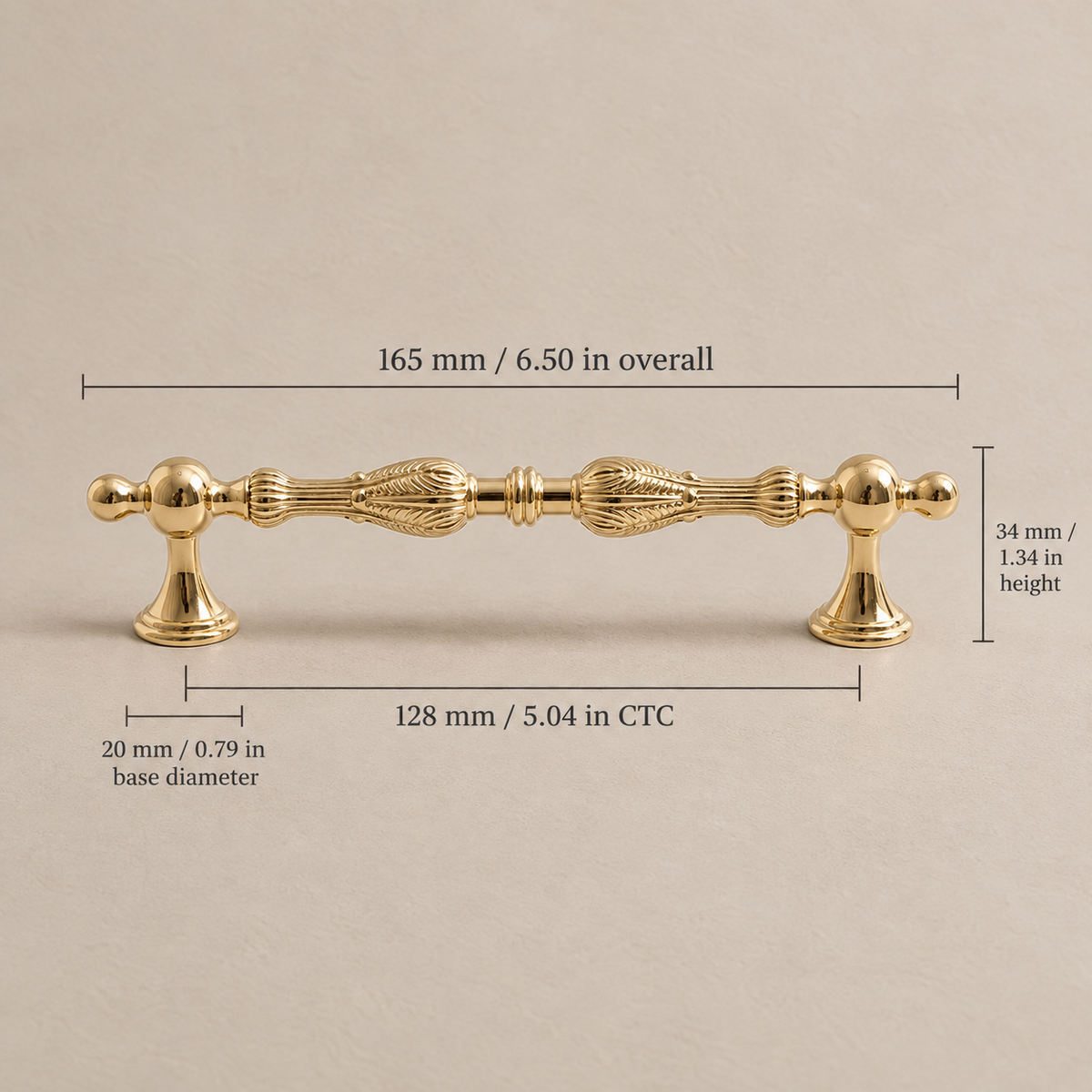 Polished brass cabinet pull, 128 mm (5.04 in) mounting centers and dimensions