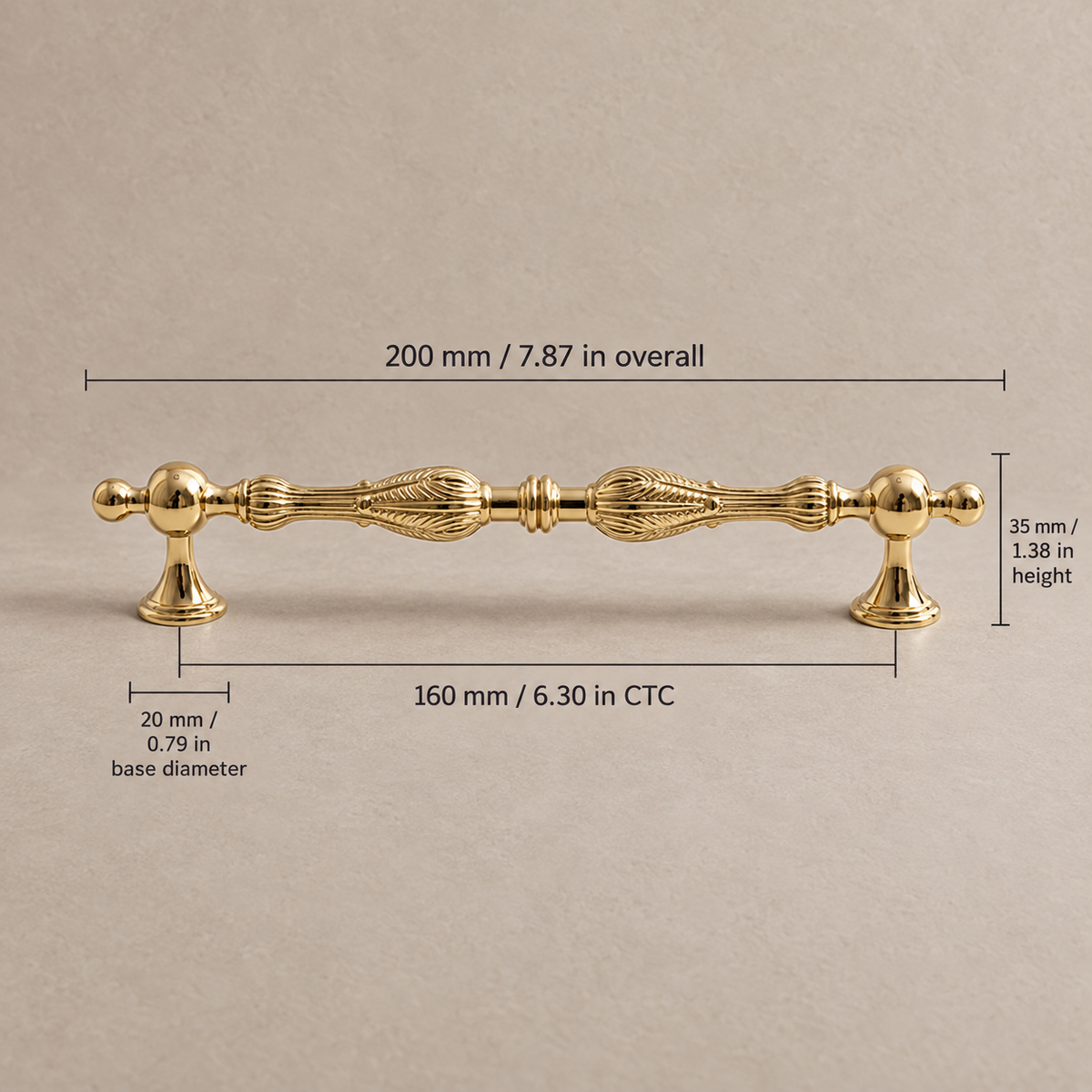 Polished brass cabinet pull, 160 mm (6.30 in) mounting centers and dimensions