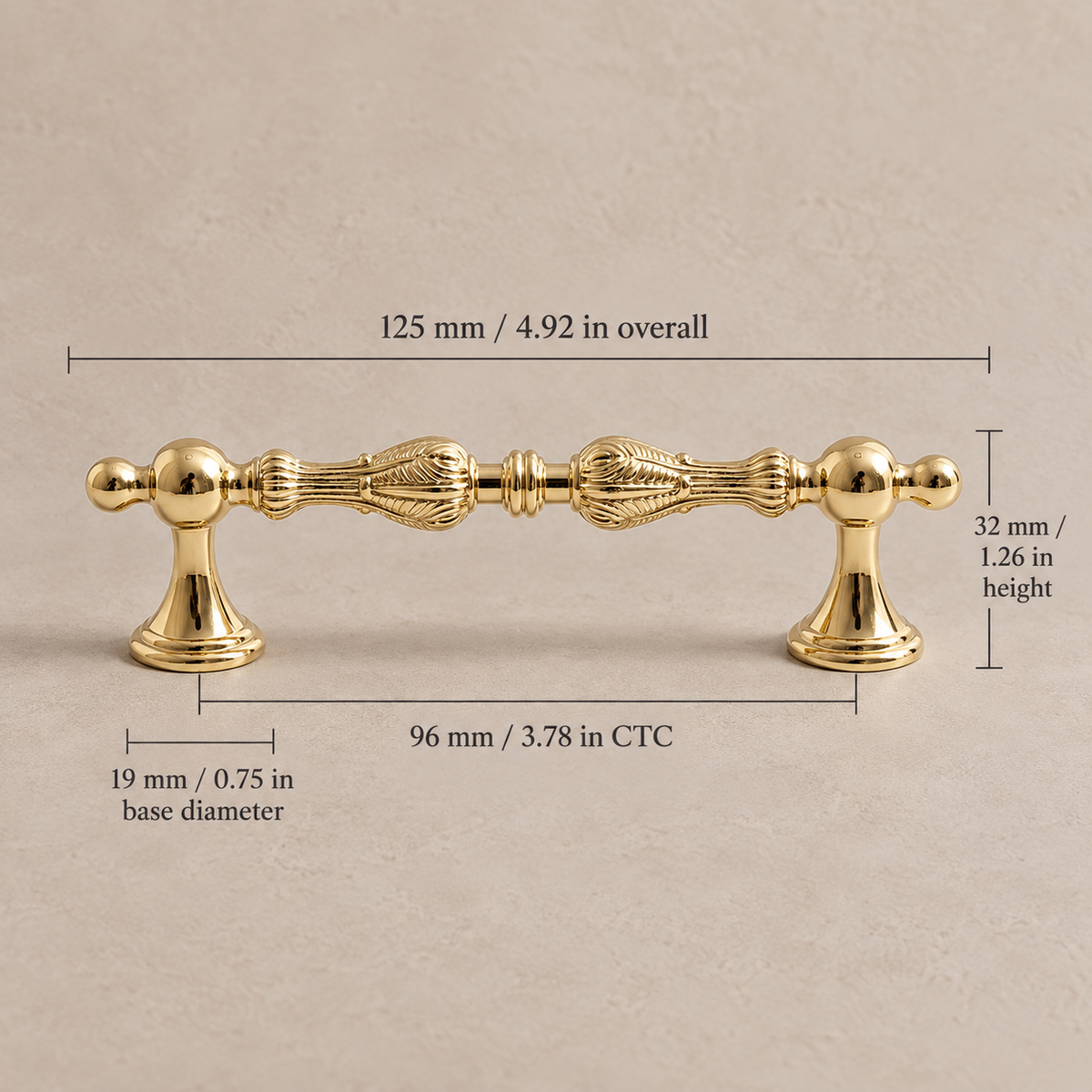 Polished brass cabinet pull, 96 mm (3.78 in) mounting centers and dimensions