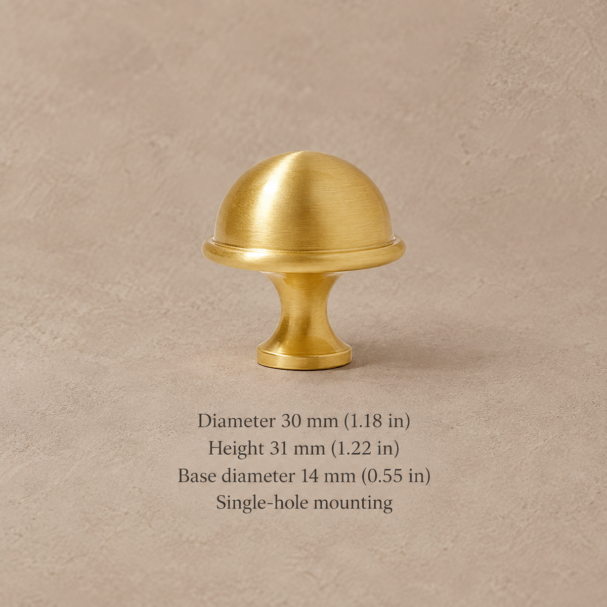 Polished brass round cabinet hardware — 30mm knob on warm taupe plaster