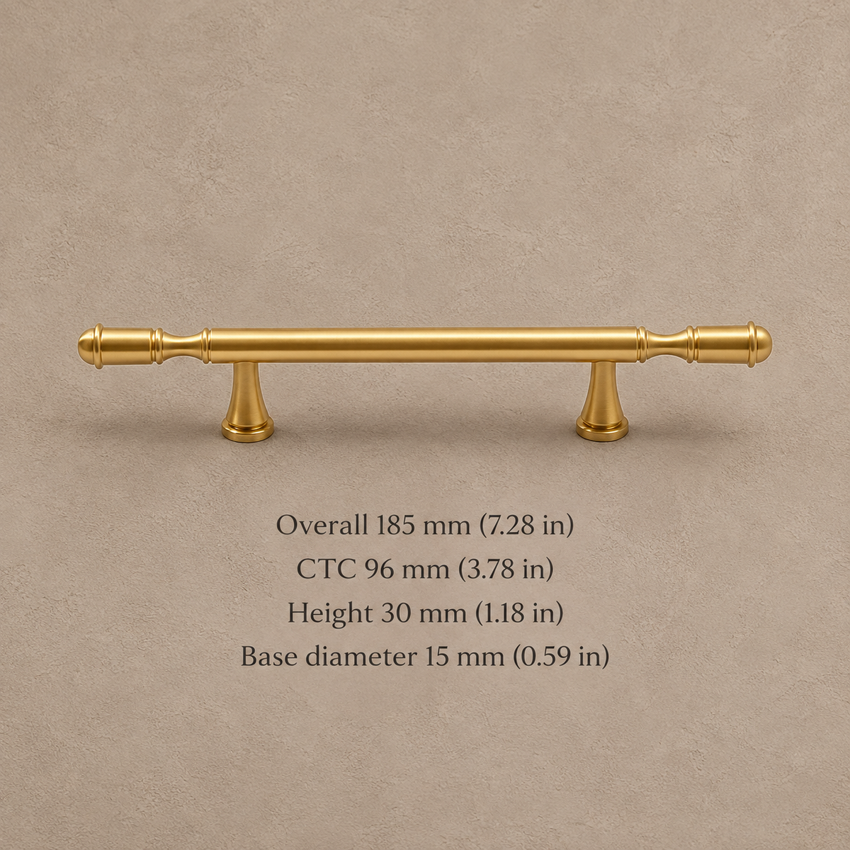 Polished brass round cabinet hardware — 96mm on warm taupe plaster
