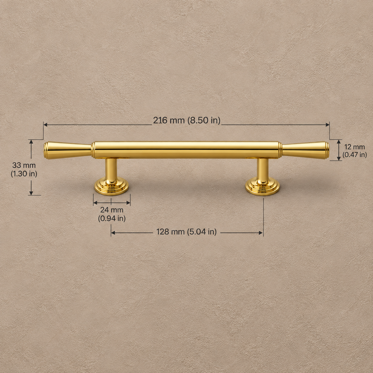 Polished gold cabinet 128mm on taupe plaster, dimensions in mm and inches