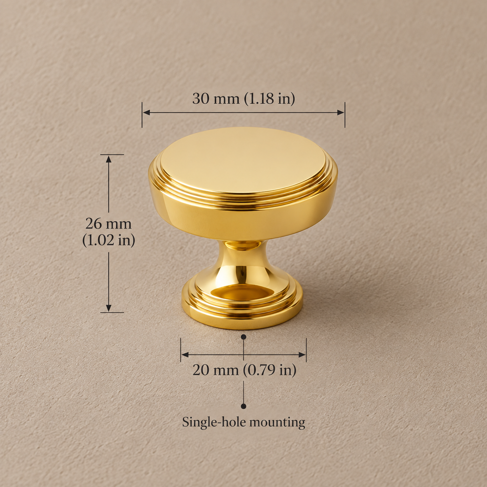 Polished gold cabinet 30mm knob on taupe plaster, dimensions in mm and inches