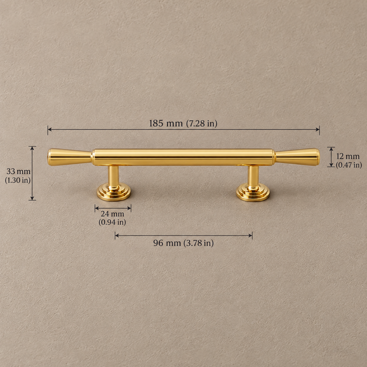 Polished gold cabinet 96mm on taupe plaster, dimensions in mm and inches