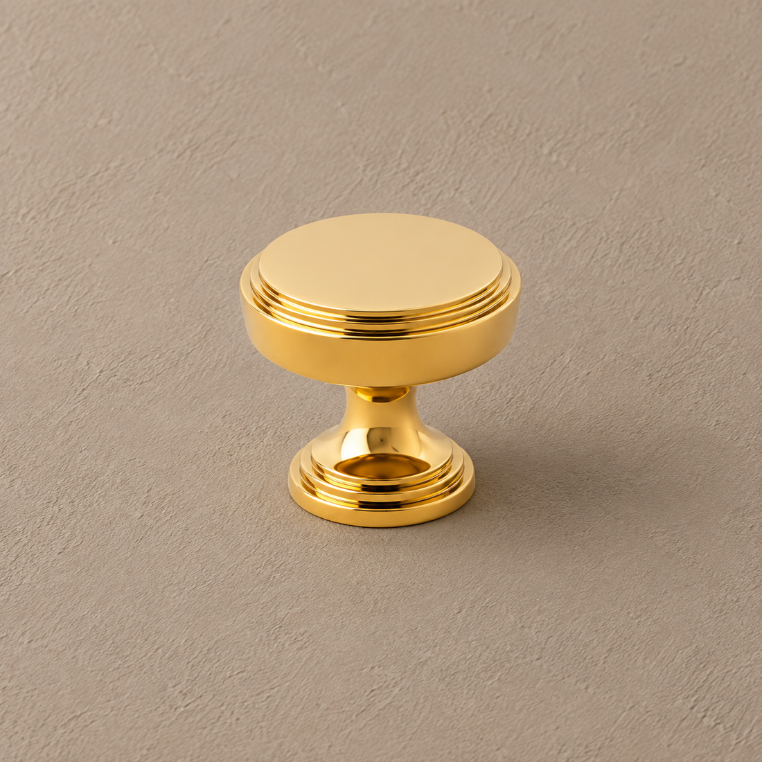 Polished Brass Cabinet Knob & Pull — Clean Modern Gold Hardware on a deep olive studio background