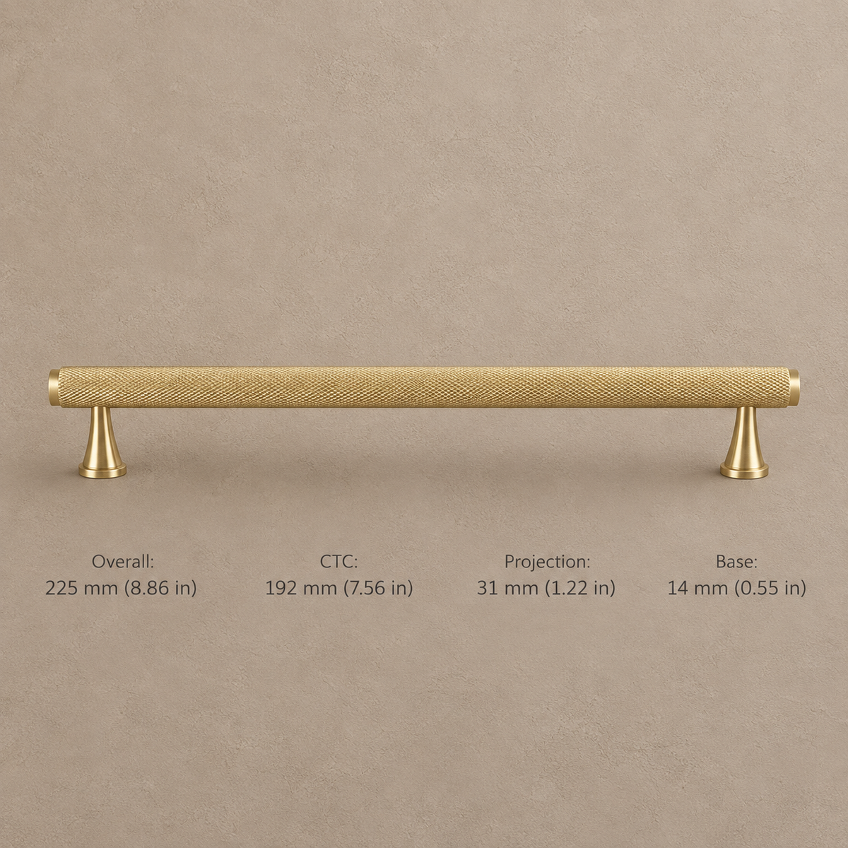 Solid Polished Brass T Bar & Knob Cabinet Pull — Knurled Classic Design — dimensions in millimetres and inches