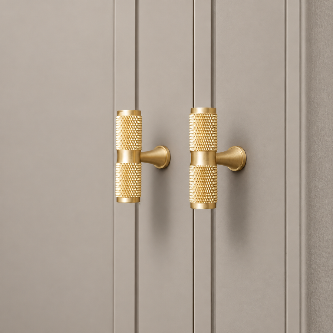 Solid Polished Brass T Bar & Knob Cabinet Pull — Knurled Classic Design on a neutral stone studio background