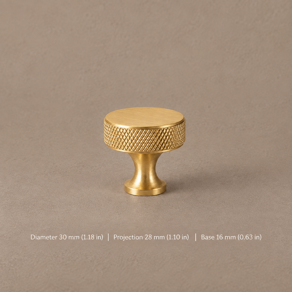 Solid Polished Brass T Bar & Knob Cabinet Pull — Knurled Classic Design — knob-30mm