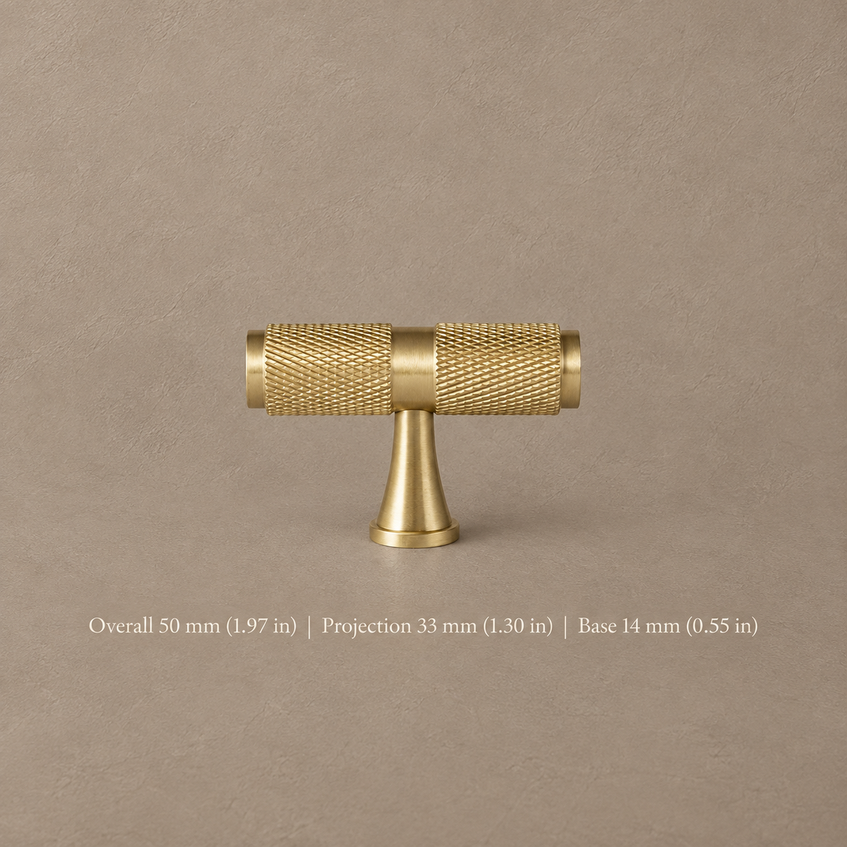 Solid Polished Brass T Bar & Knob Cabinet Pull — Knurled Classic Design — t-knob-50mm