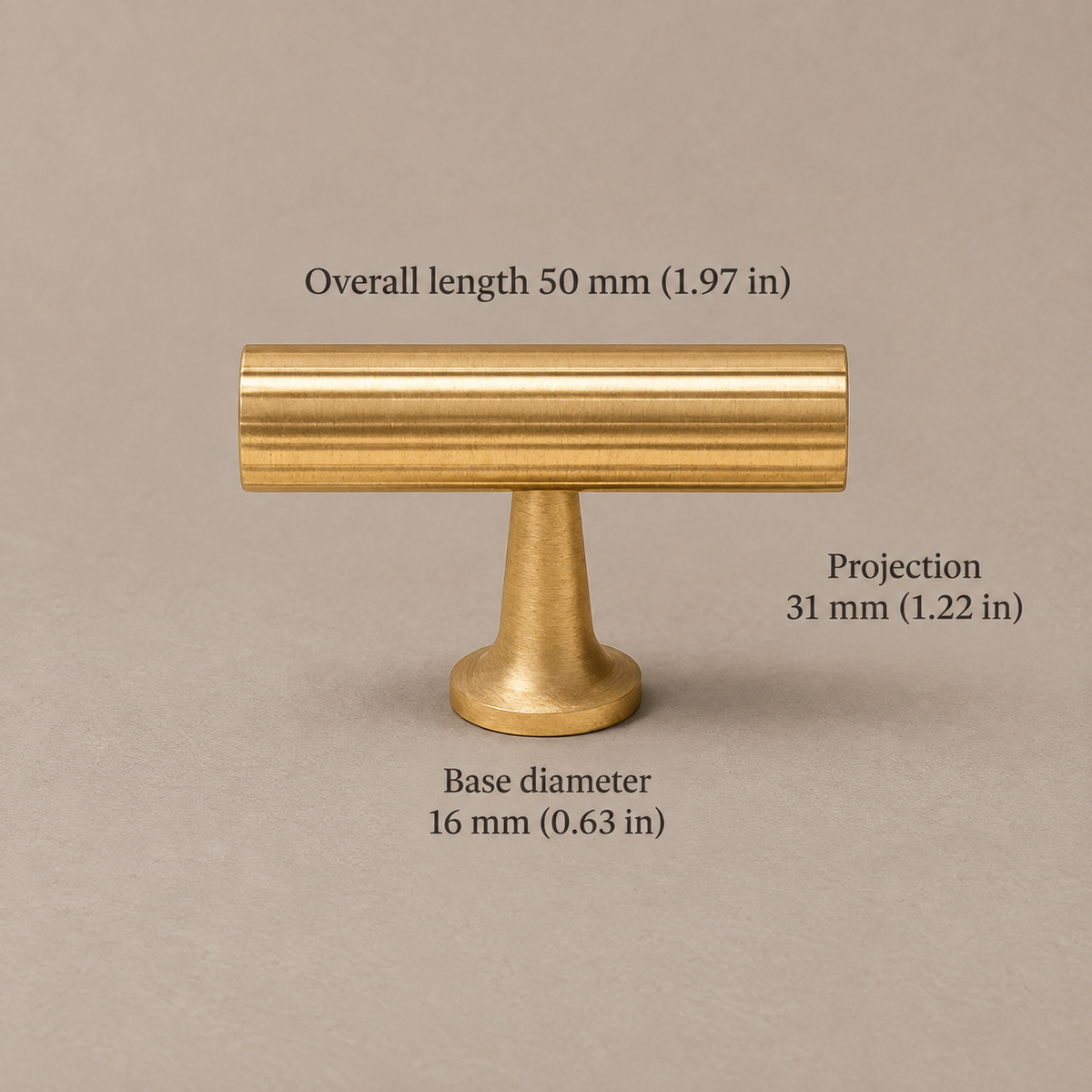 Polished Brass Linear Cabinet Pulls, T-Knob & Knobs — Solid Brass Hardware — ribbed-t-knob-50