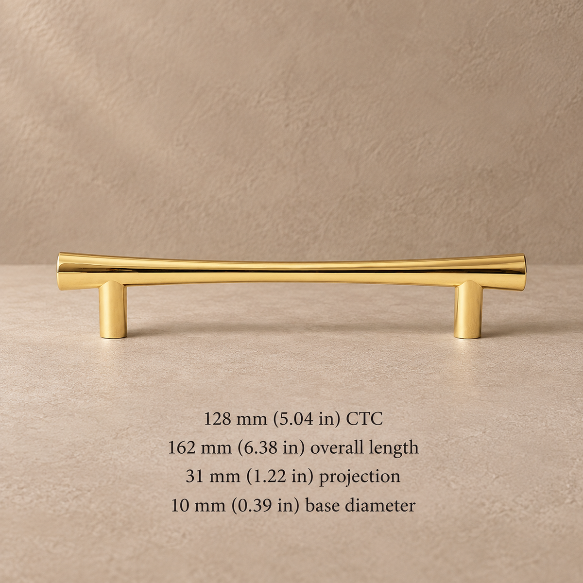 Polished brass 128 mm CTC pull with millimetre and inch dimensions