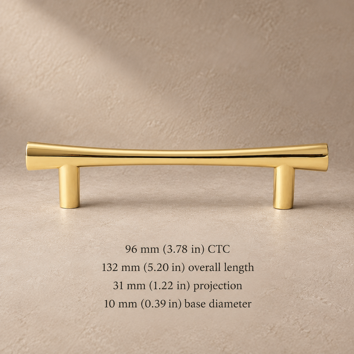 Polished brass 96 mm CTC pull with millimetre and inch dimensions