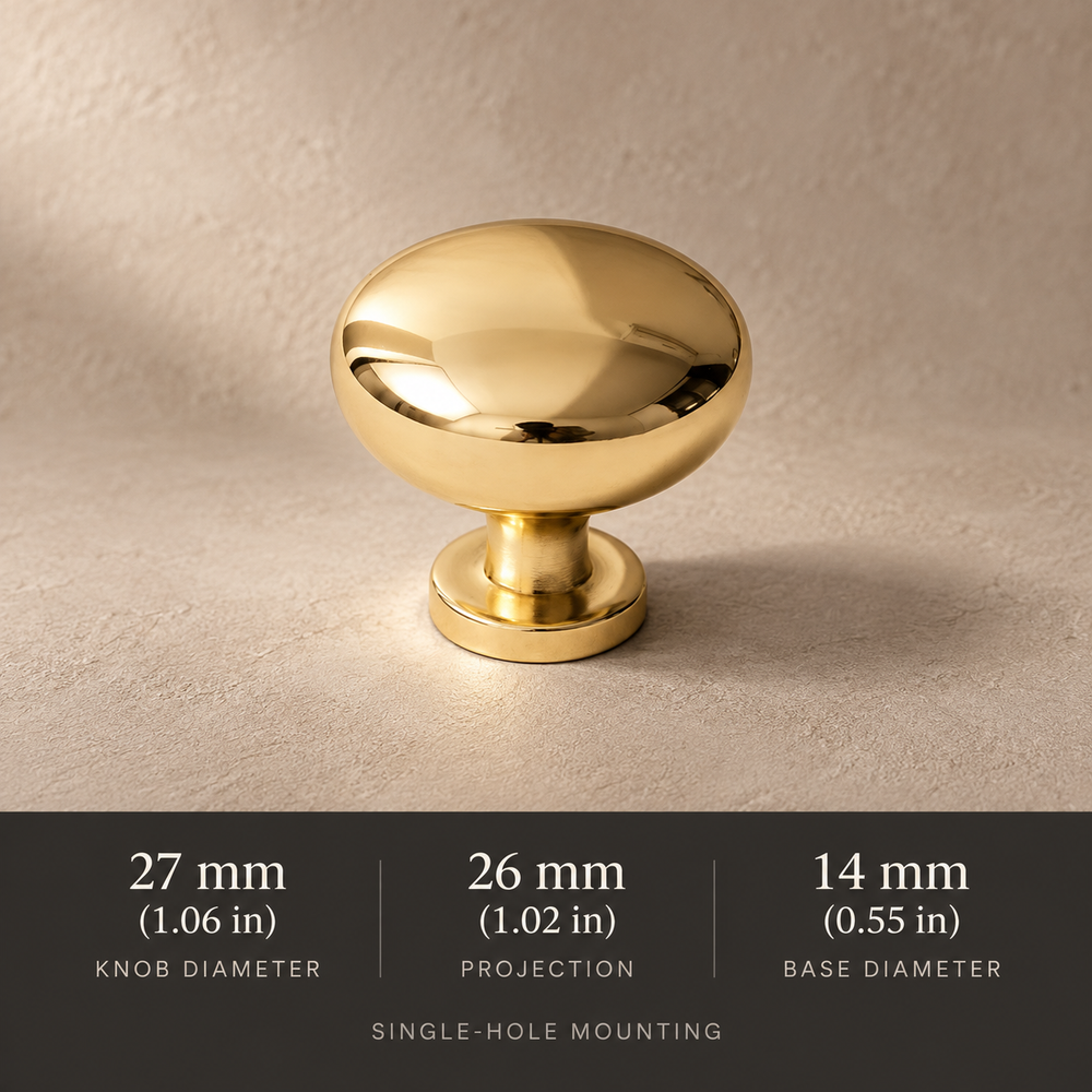 Polished brass 27 mm round knob with millimetre and inch dimensions