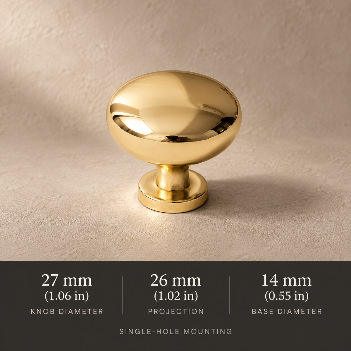 Polished brass 27 mm round knob with millimetre and inch dimensions
