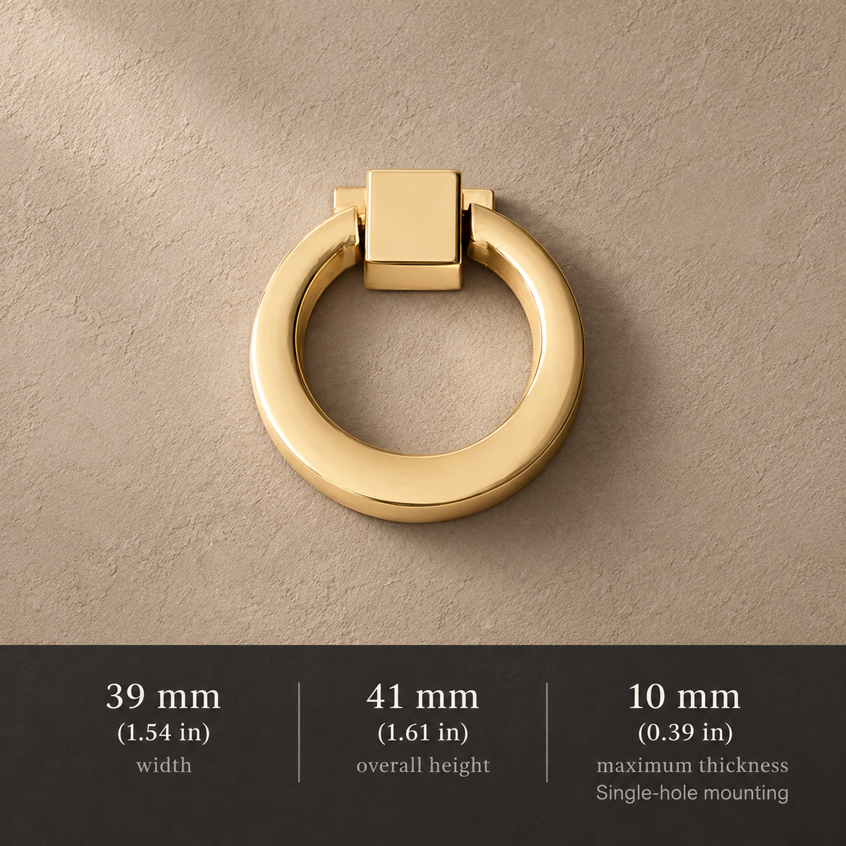 Polished brass 41 mm ring pull with millimetre and inch dimensions