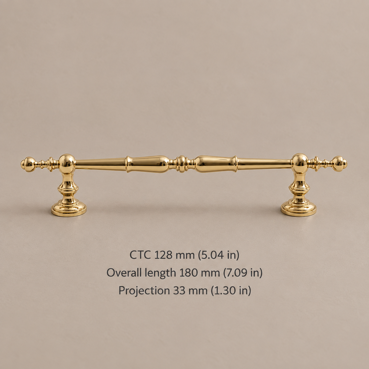 Solid Brass Cabinet Handle & Knob — Polished Brass Finish — pull-128mm