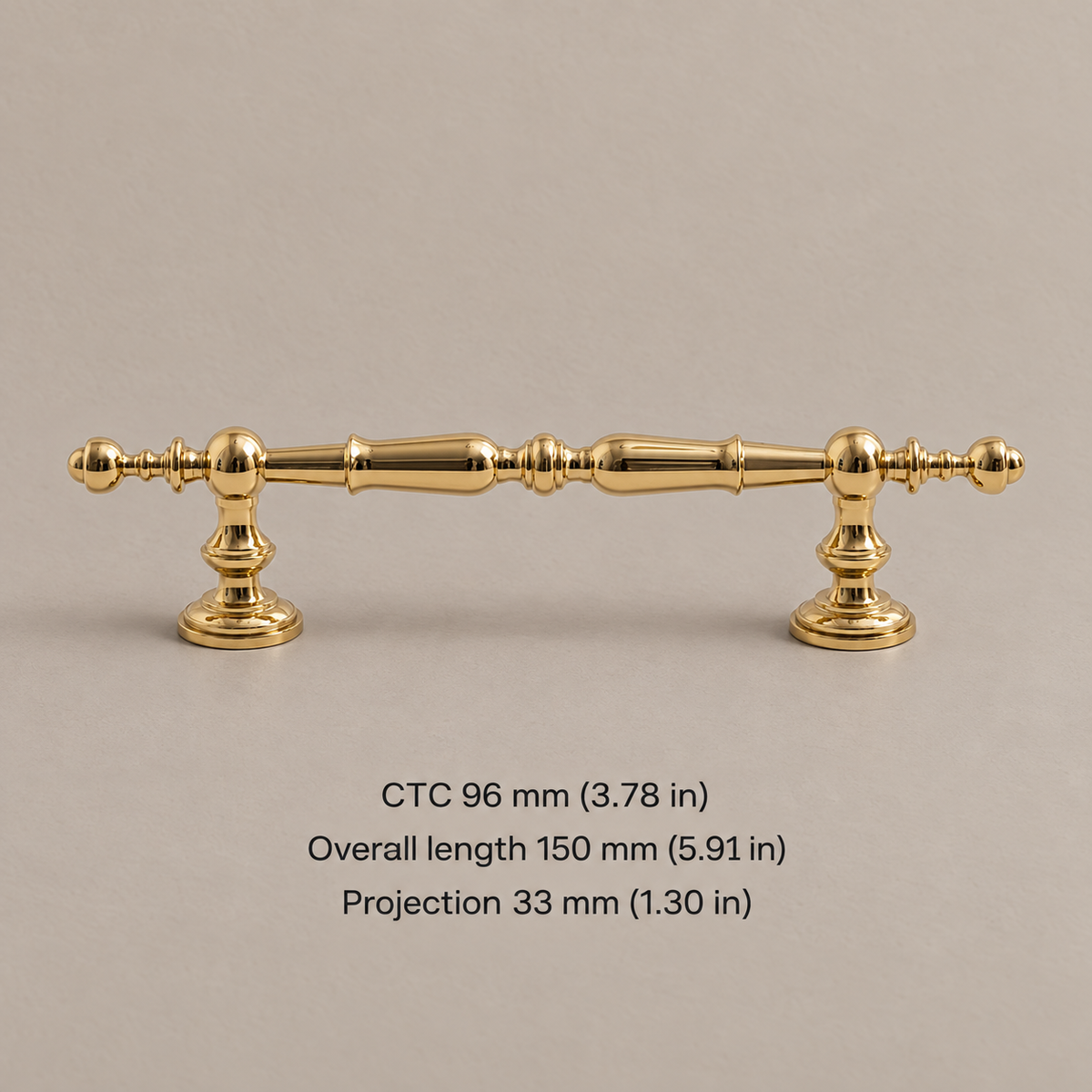 Solid Brass Cabinet Handle & Knob — Polished Brass Finish — pull-96mm