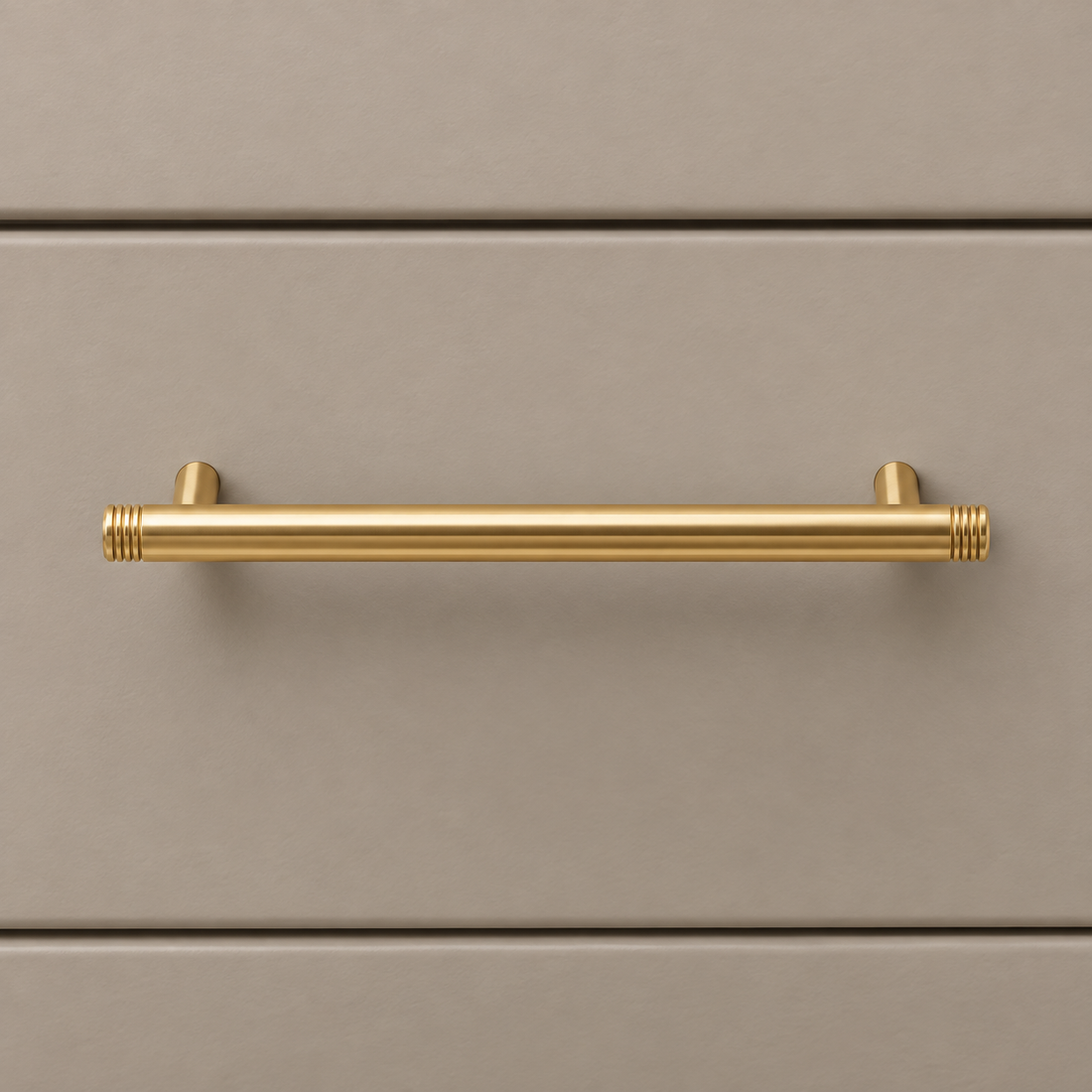 Polished Brass Straight Rod Cabinet Pull & Knob — Solid Brass on a neutral stone studio background