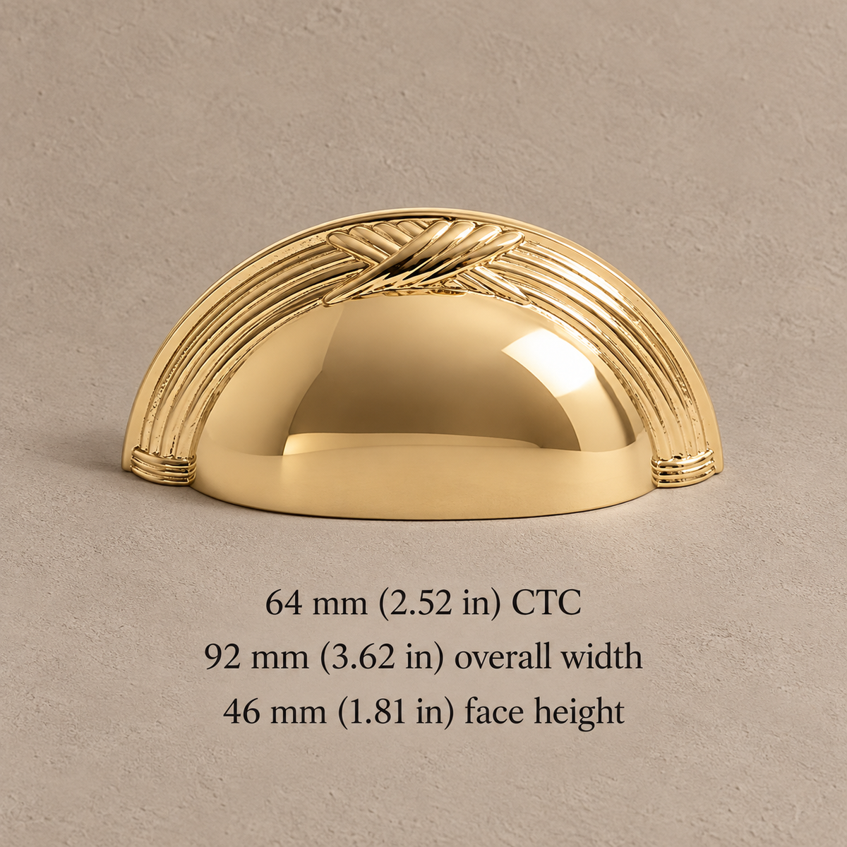 Polished gold shell pull 1134 64 mm CTC with millimetre and inch dimensions