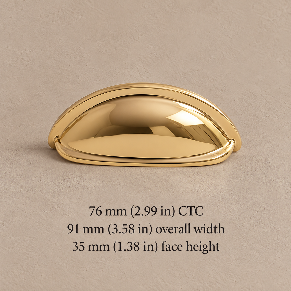 Polished gold shell pull 1136 76 mm CTC with millimetre and inch dimensions