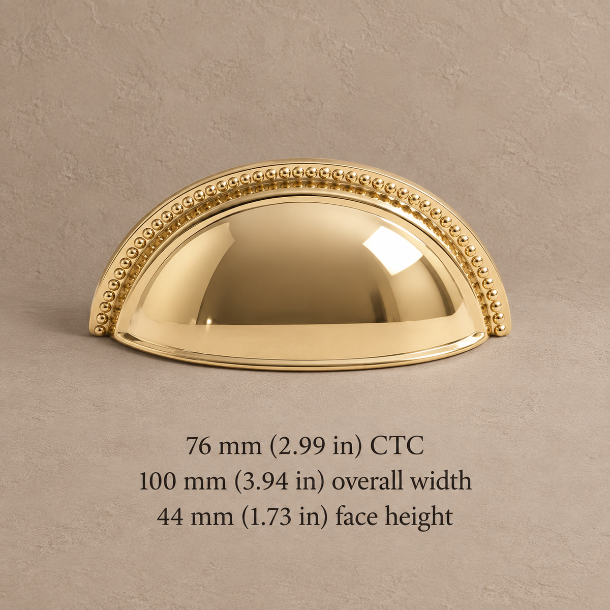Polished gold shell pull 1150 76 mm CTC with millimetre and inch dimensions