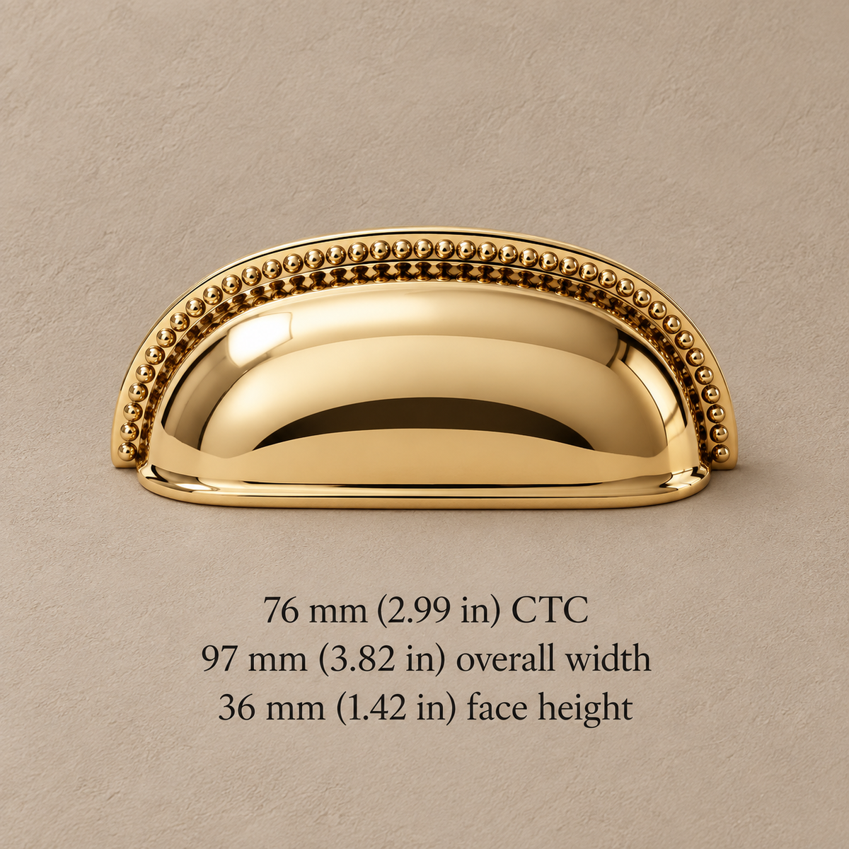 Polished gold shell pull 2101 76 mm CTC with millimetre and inch dimensions