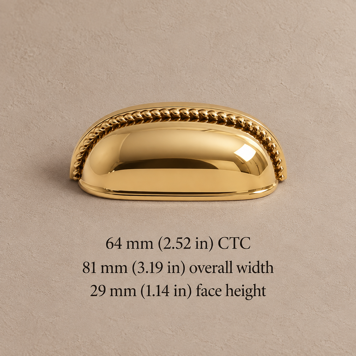 Polished gold shell pull 2102 64 mm CTC with millimetre and inch dimensions