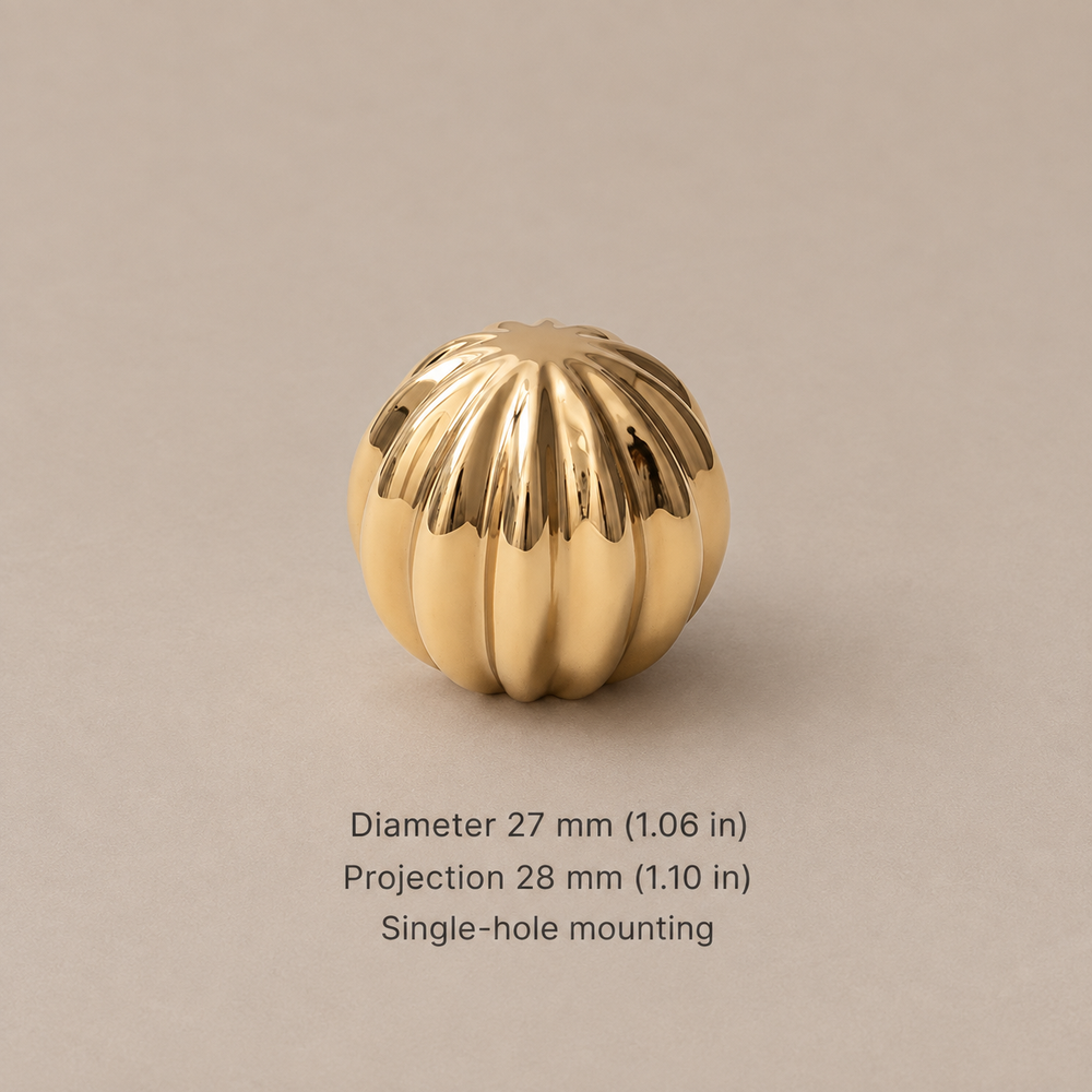 Solid Brass Cabinet Handle & Knob — Polished Brass Finish, Pumpkin Design — pumpkin-knob-27mm