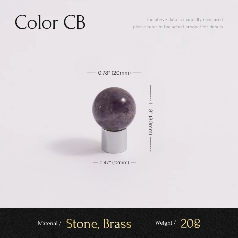 Measurement chart for a decorative item with stone and brass components on a light gray background.