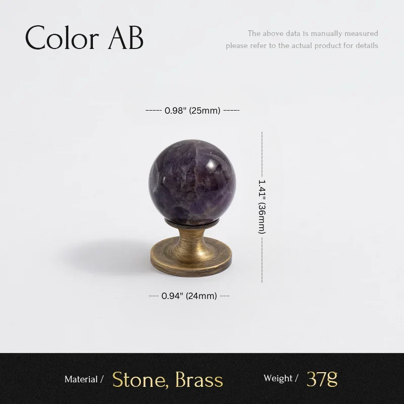 Decorative sphere with brass base on a white background, showing measurements and material details.
