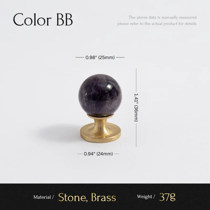 Decorative object with a stone sphere on a brass base, showing measurements and material details.