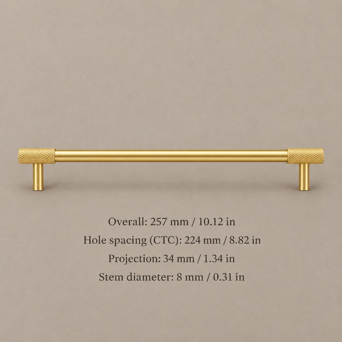 Gold brass knurled cabinet pull, 224 mm hole spacing, dimensions in millimetres and inches