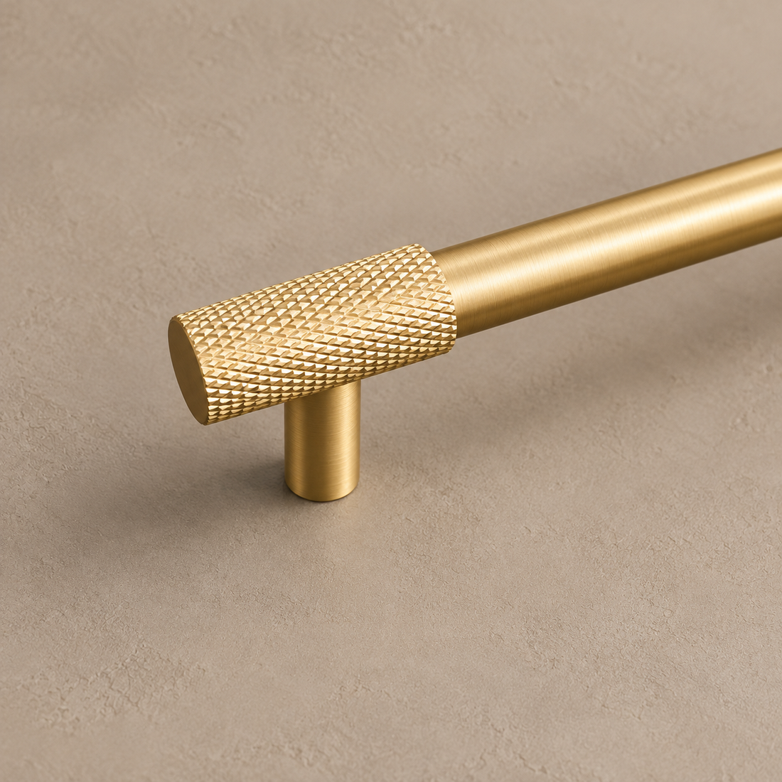 PVD Brass Diamond Cut Cross Knurled Cabinet Pull & Knob — Solid Brass on a neutral stone studio background