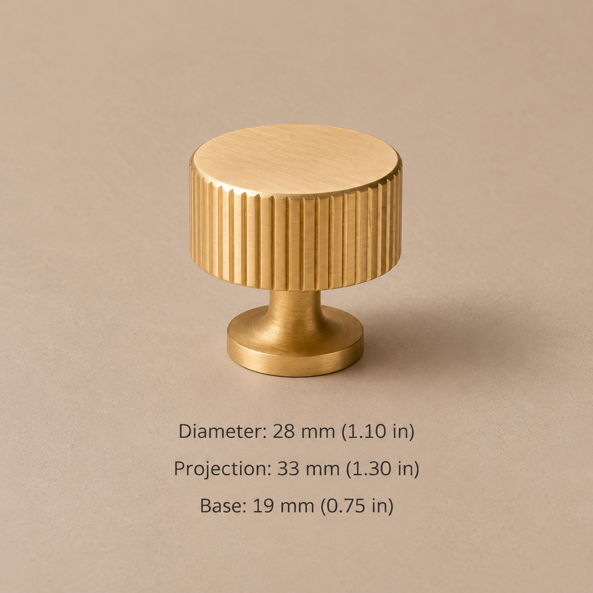 PVD Brass Linear Cabinet Pull & Knob — Solid Brass — dimensions in millimetres and inches