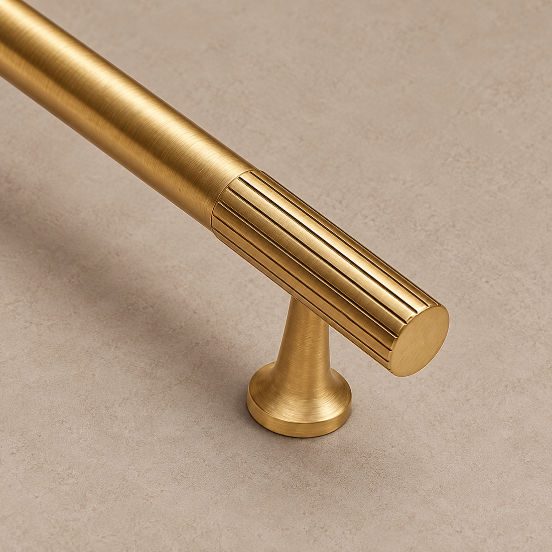PVD Brass Linear Cabinet Pull & Knob — Solid Brass on a neutral stone studio background
