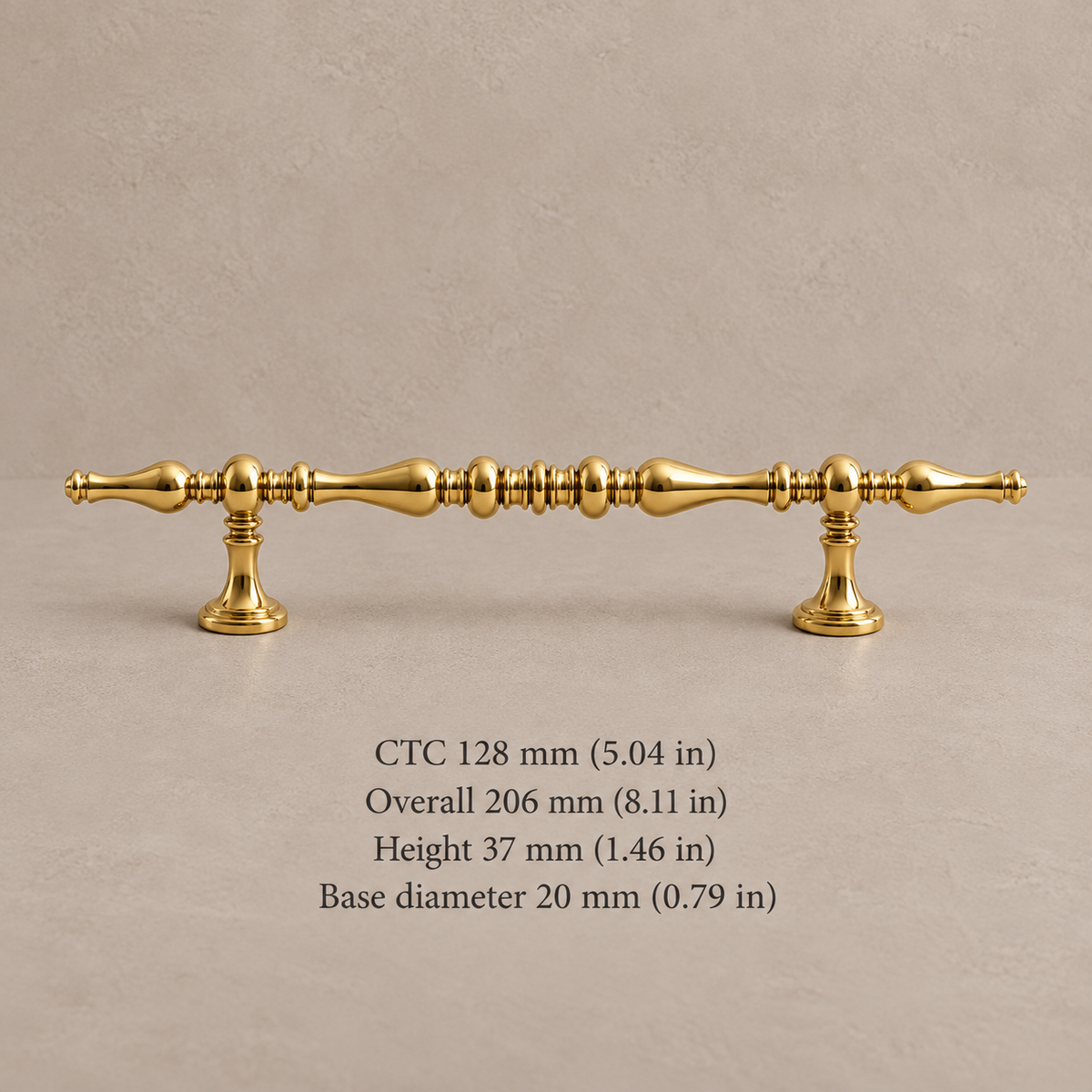 Gold finial cabinet pull, 128 mm CTC, dimensions in mm and inches