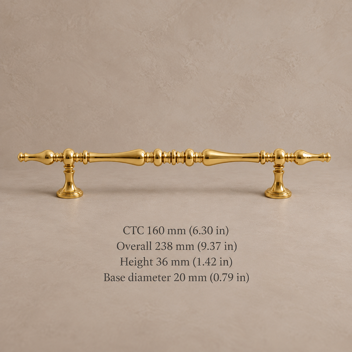 Gold finial cabinet pull, 160 mm CTC, dimensions in mm and inches