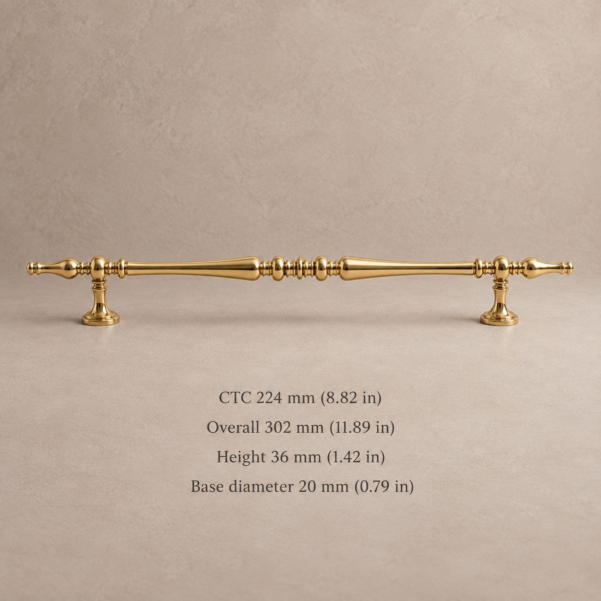 Gold finial cabinet pull, 224 mm CTC, dimensions in mm and inches