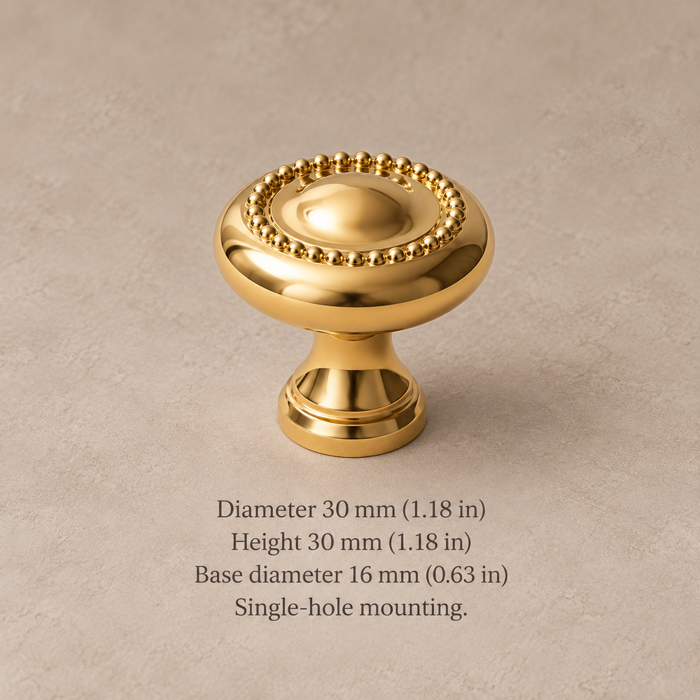 Gold beaded cabinet knob, 30 mm diameter, dimensions in mm and inches
