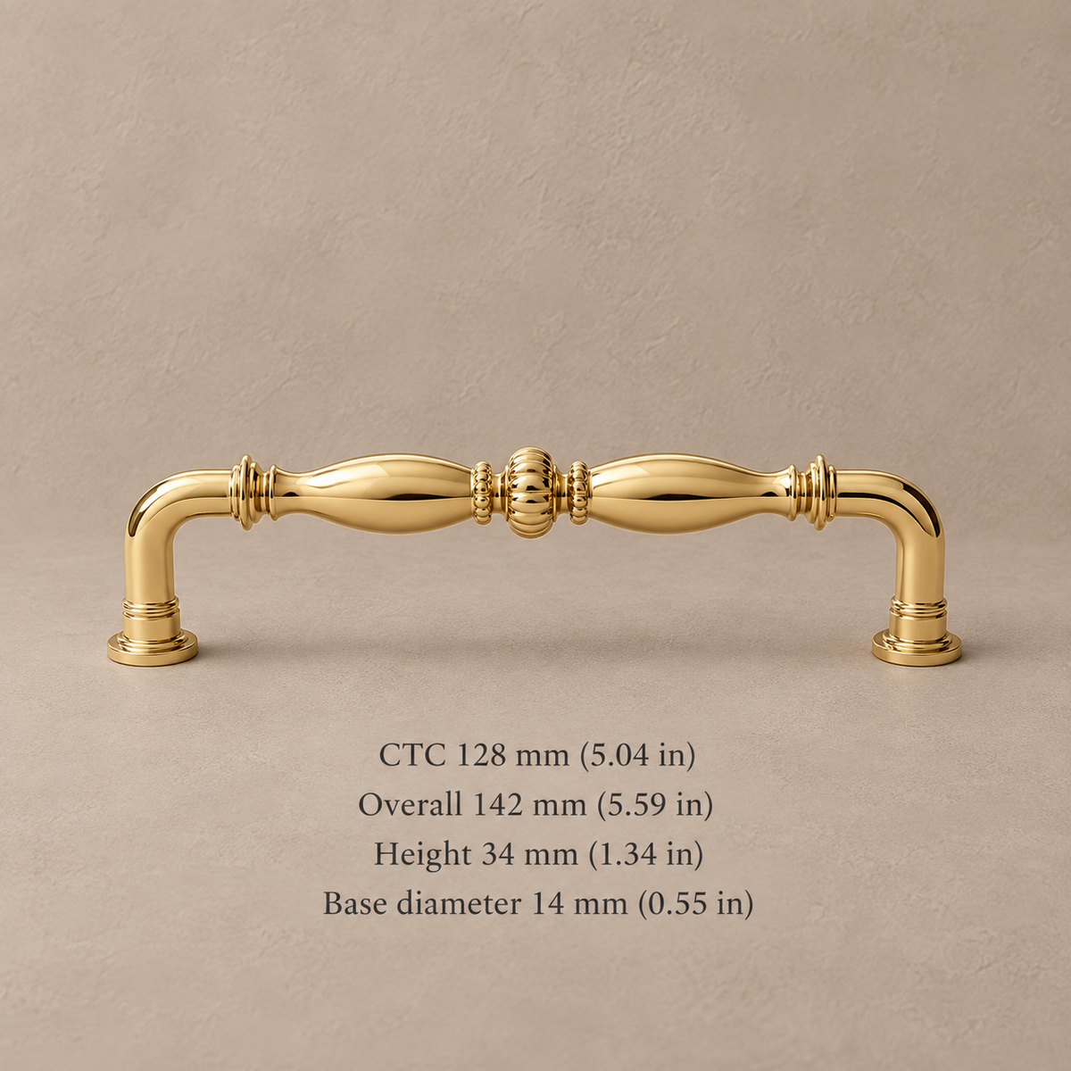Gold spindle cabinet pull, 128 mm CTC, measurements in mm and inches