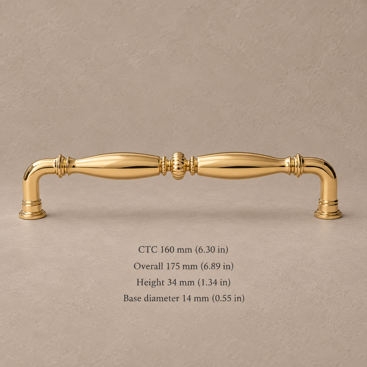 Gold spindle cabinet pull, 160 mm CTC, measurements in mm and inches