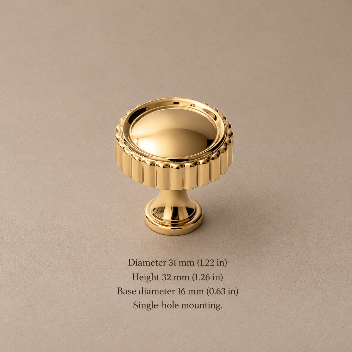 Gold cabinet knob, 31 mm diameter, measurements in mm and inches
