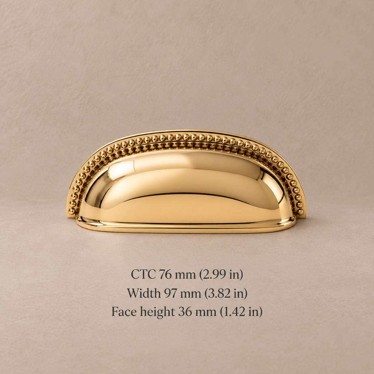 Gold beaded cup pull, 76 mm CTC, measurements in mm and inches